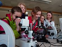 Foto von Schülerinnen beim mikroskopieren